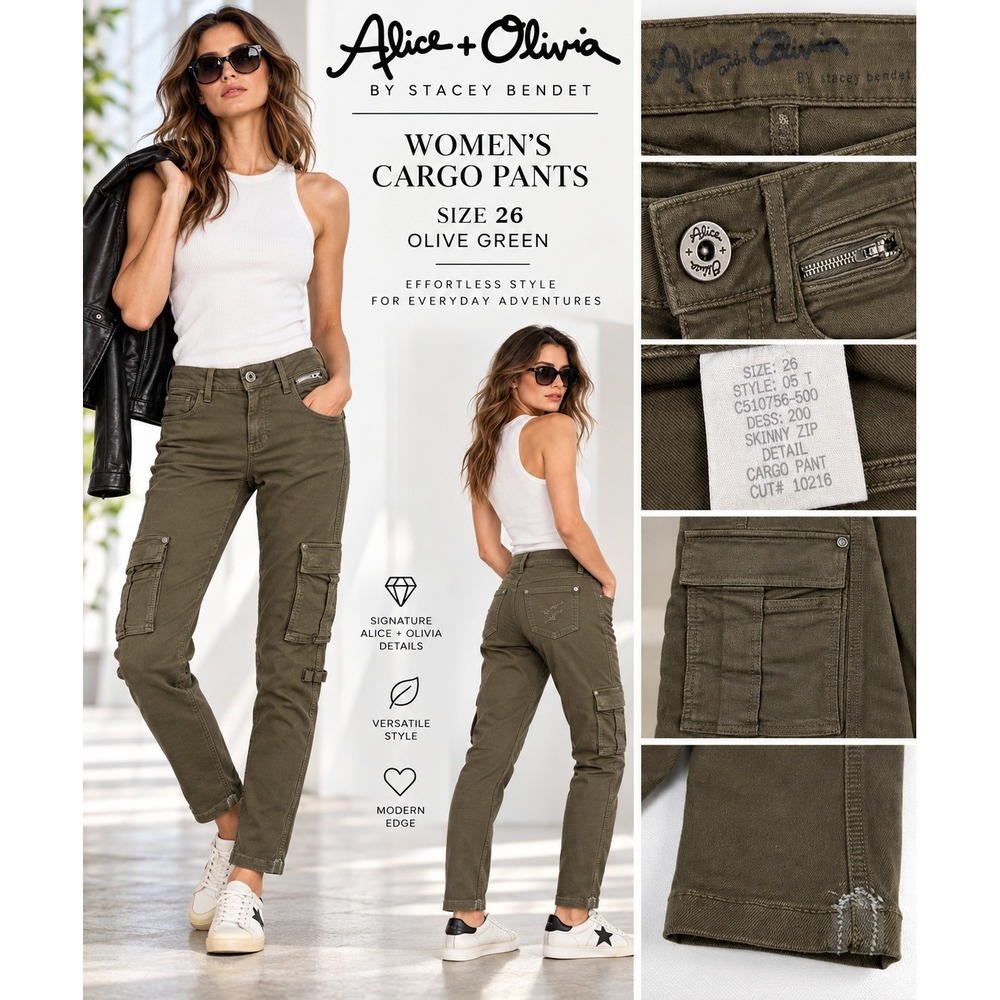 Alice + Olivia Stacey Bendet Cargo Pants Womens 26 Olive Green Skinny Zip #1916